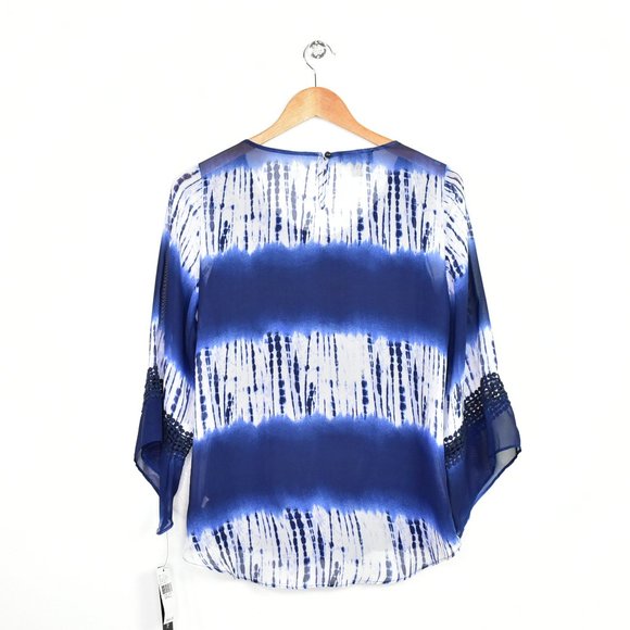 AB Studio Tie Dye Flare 3/4 Sleeve Top Small Navy Sheer Boho High Low Hippie - Picture 8 of 12